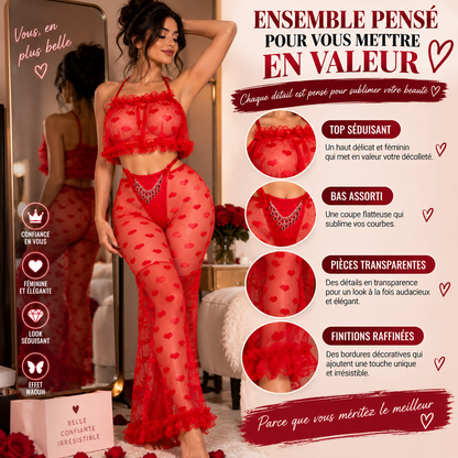 🔥 Ensemble Lingerie Rouge Cœurs – Séduction & Élégance