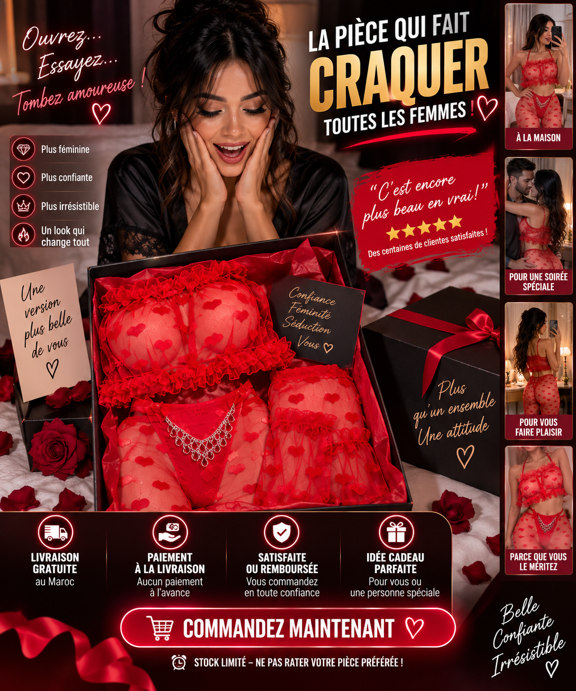 🔥 Ensemble Lingerie Rouge Cœurs – Séduction & Élégance