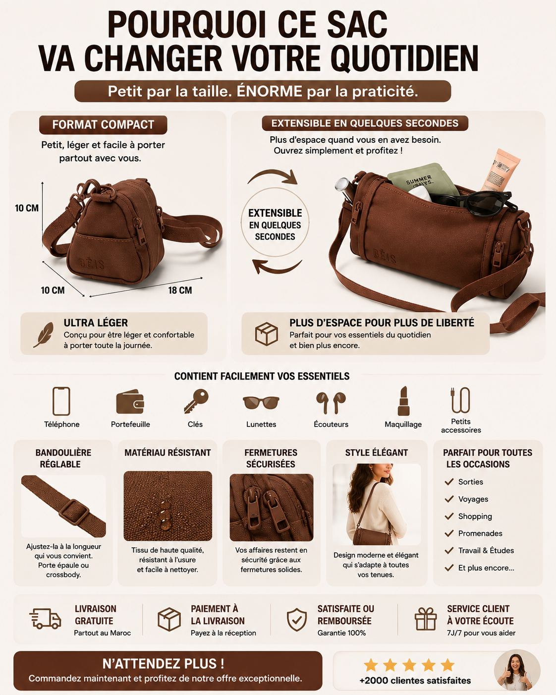 Sac Extensible Femme – Petit Format, Spacieux en Quelques Secondes