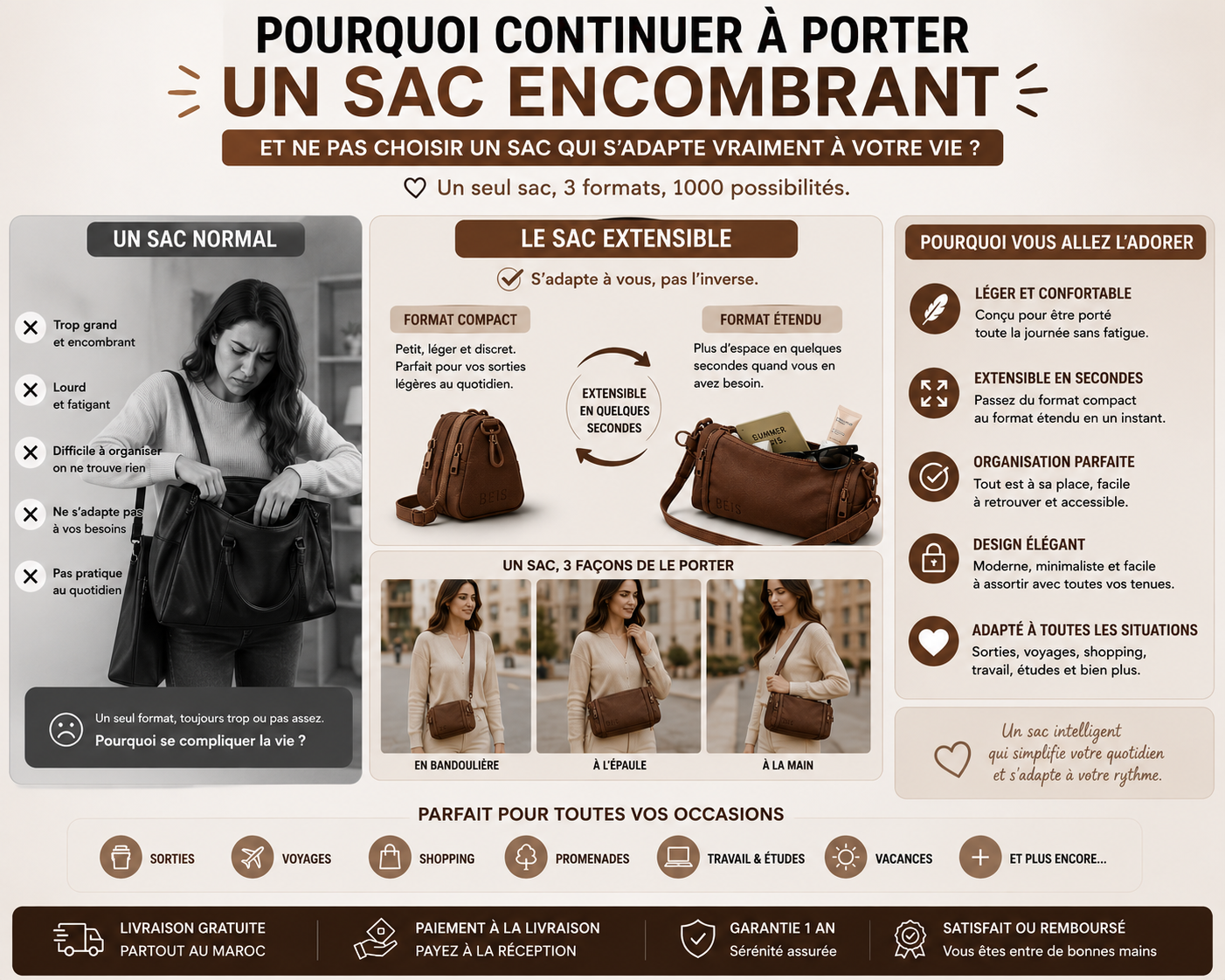 Sac Extensible Femme – Petit Format, Spacieux en Quelques Secondes