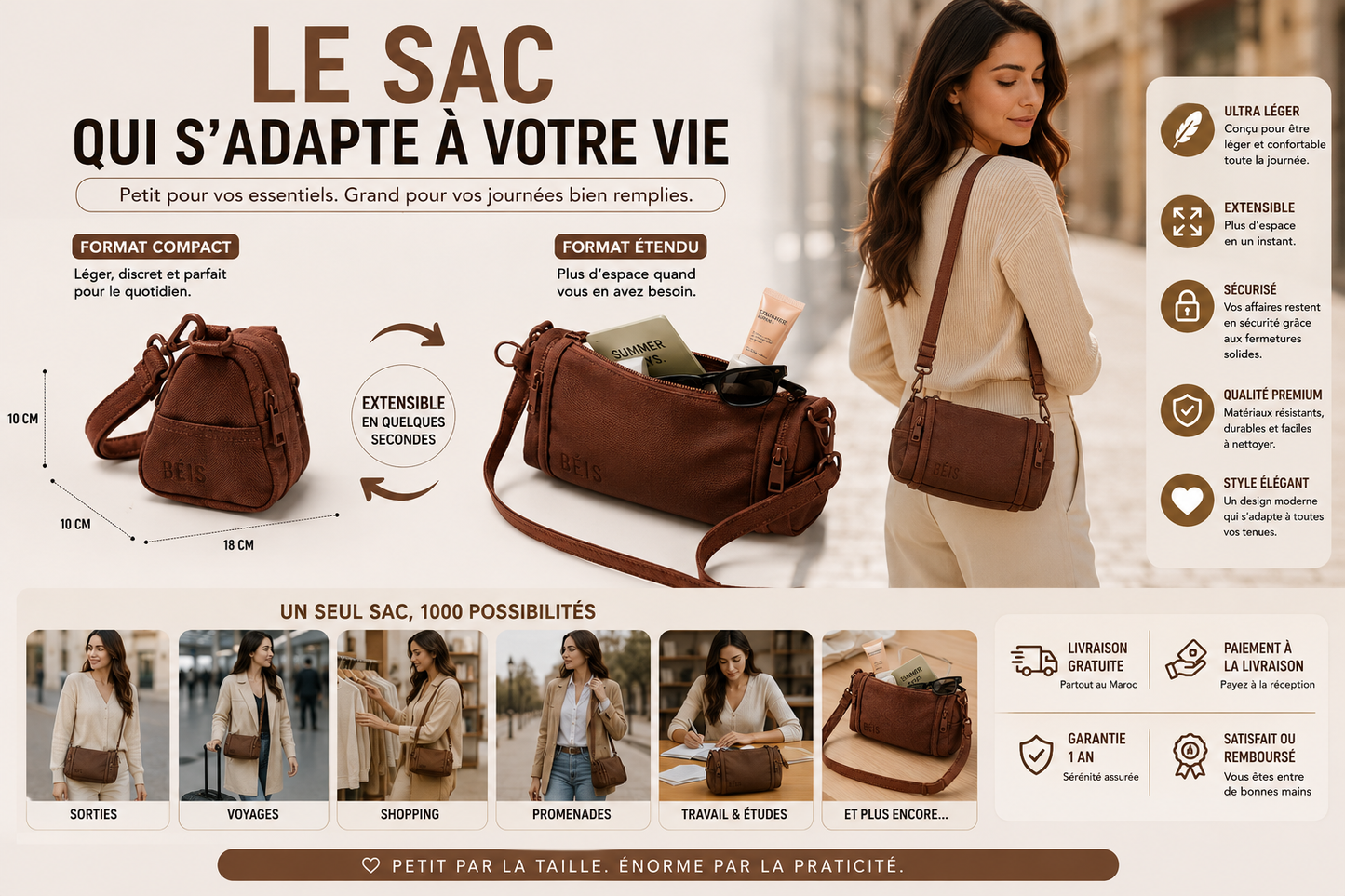 Sac Extensible Femme – Petit Format, Spacieux en Quelques Secondes
